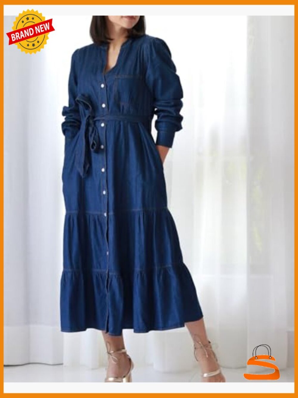Women Casual Long Denim Dress Babydoll Ruffle Long Sleeve Jean Shirt Midi - Picture 6 of 6